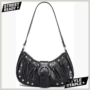 Small Vegan Leather Shoulder Bag with Rivets Y2K Punk Style Handbag